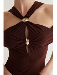 Brown Fitted Accessory Detailed Knitted Long Elegant Evening Dress - 3