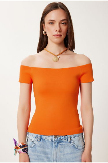 Women's Orange Boat Neck Summer Knitwear Blouse