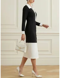 فستان ميدي بخصر عالي بأكمام طويلة بأزرار بفتحة أمامية - 3