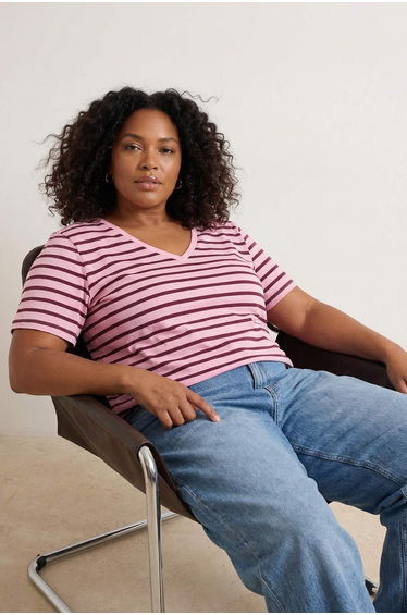 Red-Pink Striped V-Neck Knitted T-Shirt