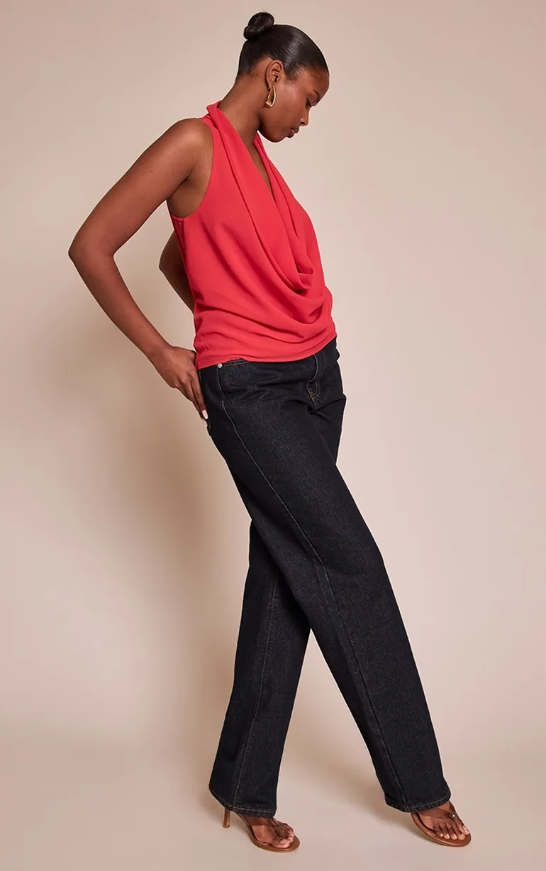 Tomato Red Chiffon Extreme Cowl Neck Detail Long Top - 2