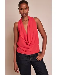 Tomato Red Chiffon Extreme Cowl Neck Detail Long Top - 5