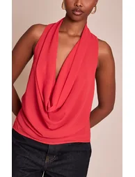 Tomato Red Chiffon Extreme Cowl Neck Detail Long Top - 3