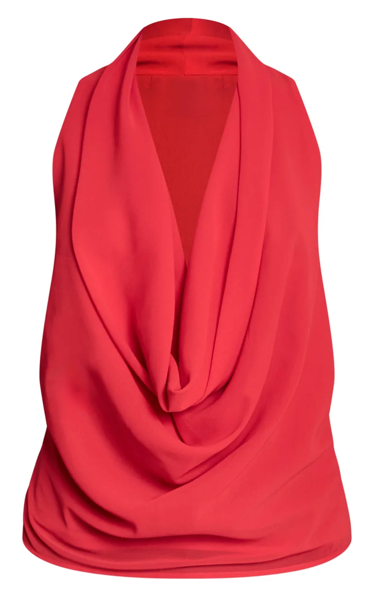 Tomato Red Chiffon Extreme Cowl Neck Detail Long Top - 4