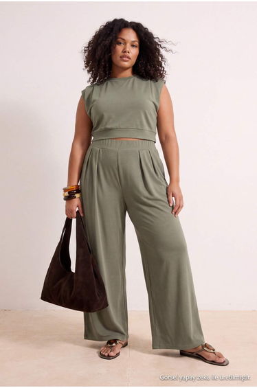 Khaki Knitted Plus Size Bottom - Top Set
