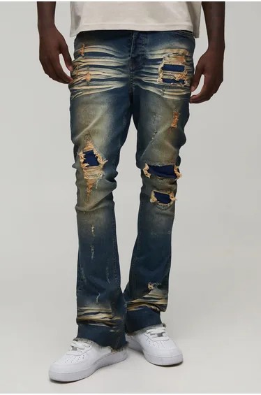 Stacked Skinny Flared Ripped Jeans - mid wash