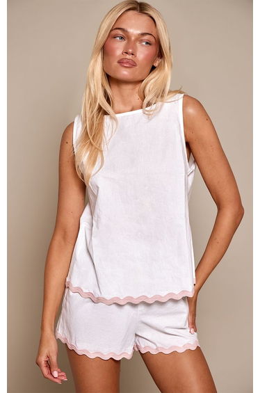 Baby Pink Contrast Piping Split Back Pyjama Vest & Shorts