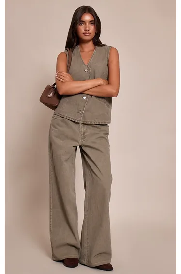 Dark Khaki Mid Waist Straight Leg Jeans