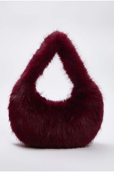 Burgundy Faux Fur Women's Hand and Shoulder Bag