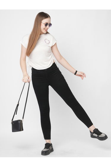 Women White Embellished Heart Detail Side Drawstring T-Shirt
