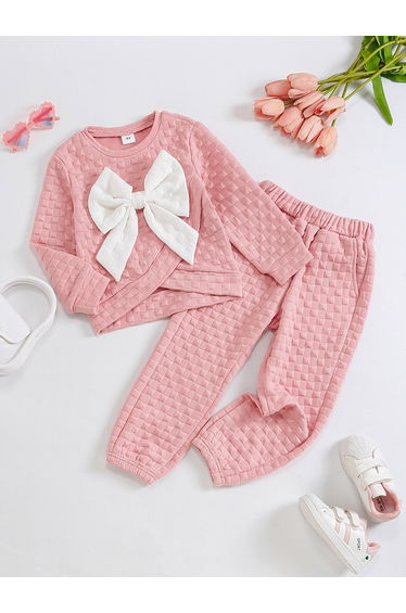 Girl Texture Bow Detail T-Shirt with Pants Set