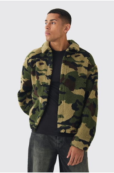 Jacquard Regular Fit Camo Borg Overshirt - khaki