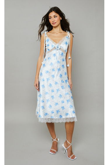 Blue Cami-floral Lace Slip Midi Dress