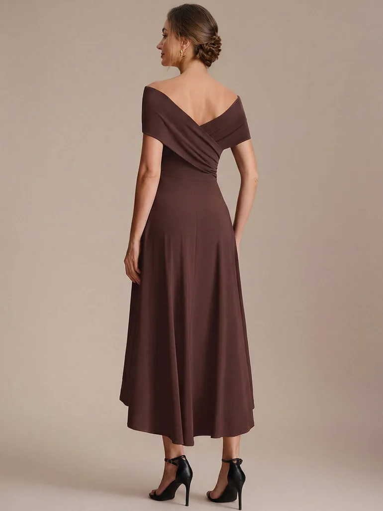 Knit Off-the-shoulder Sleeve A-Line Wedding Guest Dress - 1