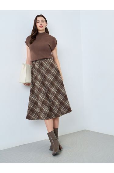 Checked Elastic Waistband A-Line Midi Skirt