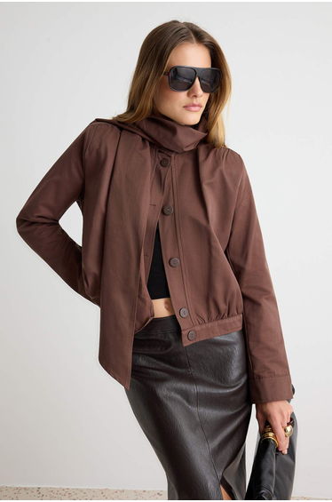 Brown Shawl Collar Detailed Mono Closure Oversize Short Trench Coat