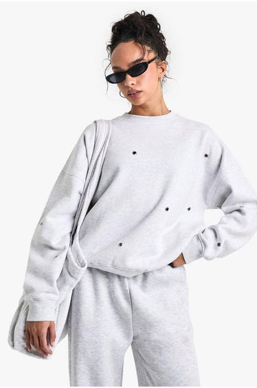 Eyelet Detail Oversized Sweatshirt - ash grey