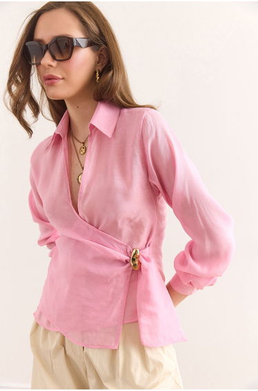 Women's Candy Pink Side Binding Detailed Modal shirt