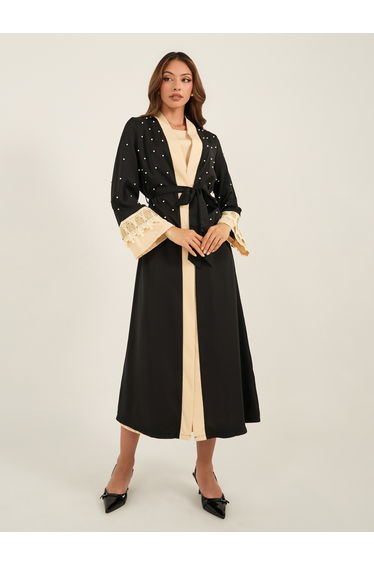 Faux Pearl Embellished Lace Cuff Detail Kimono and Dress Set