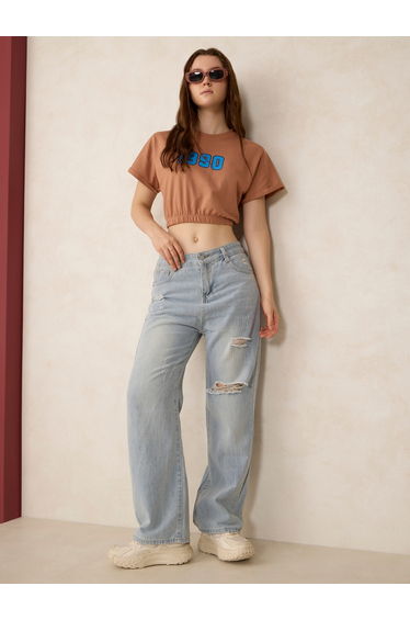 Brown Elasticated Hem Crop T-Shirt