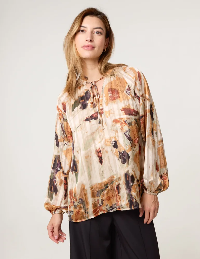 Printed Tie Neck Blouse - 1
