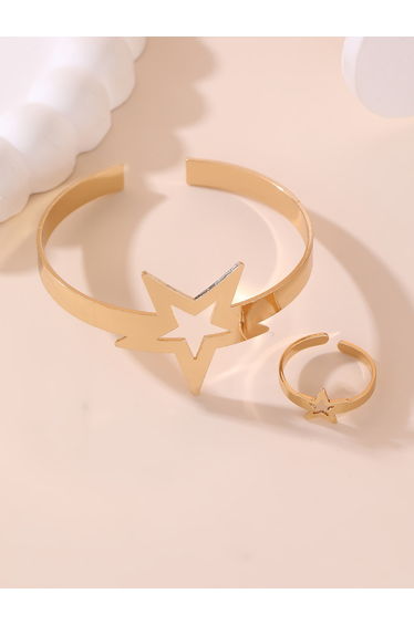 Set of 2 - Gold Star Open Bangle with Ring