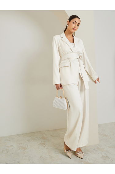 Women Off White Regular Fit Belted Blazer