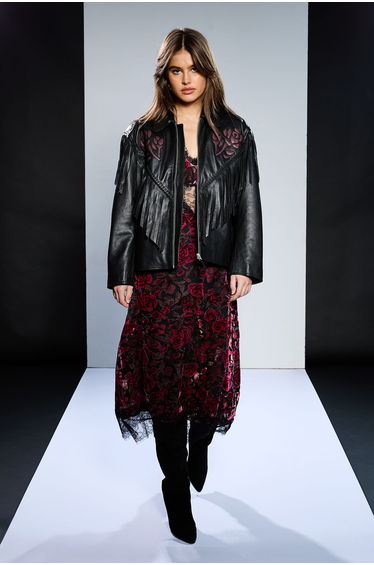 Runway 1.8.1.8 Leather Rose Detail Fringed Jacket