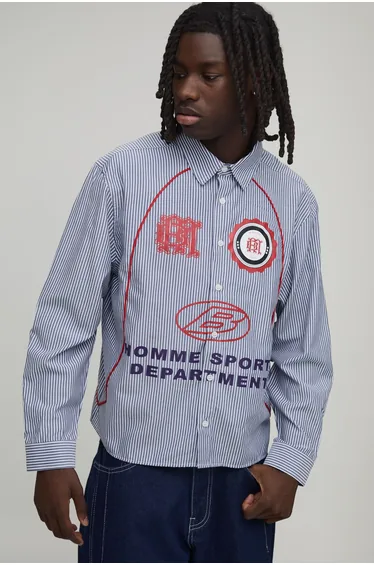 Oversized Boxy Curve Piping Sport Shirt - blue