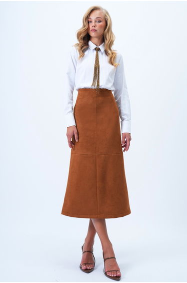 Women's Tan Hidden Zippered Stitch Detailed Faux Suede Maxi Skirt
