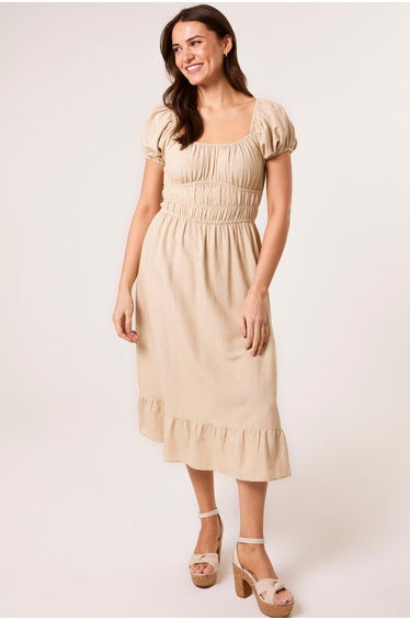 Puff Sleeve Shirred Panel Dress