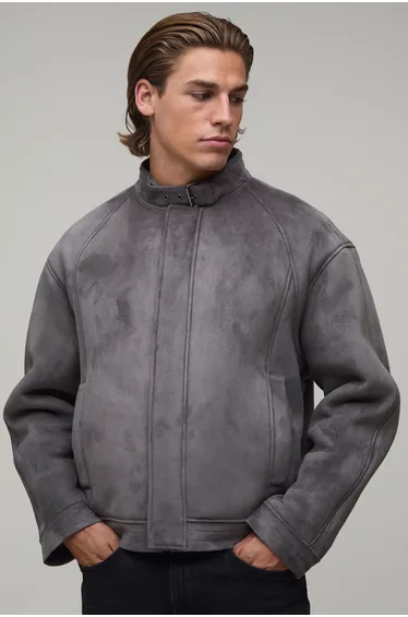 Regular Fit Faux Suede Buckle Collar Biker Jacket - charcoal