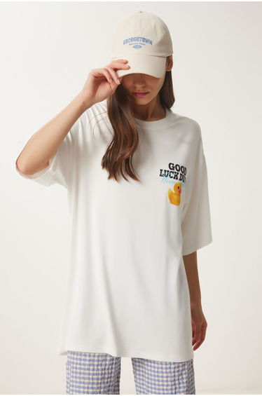 Women's Ecru Oversize Printed Cotton Knitted T-Shirt