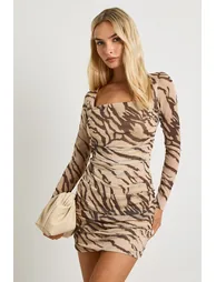 Animal Printed Square Neck Ruched Mesh Bodycon Dress - brown - 1