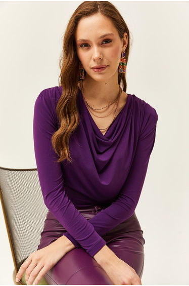 Women's Purple Waistband Pleated Turndown Collar Blouse