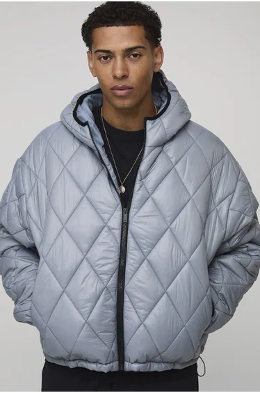 Oversized Boxy High Sheen Diamond Quilted Hooded Funnel Puffer Jacket - grey