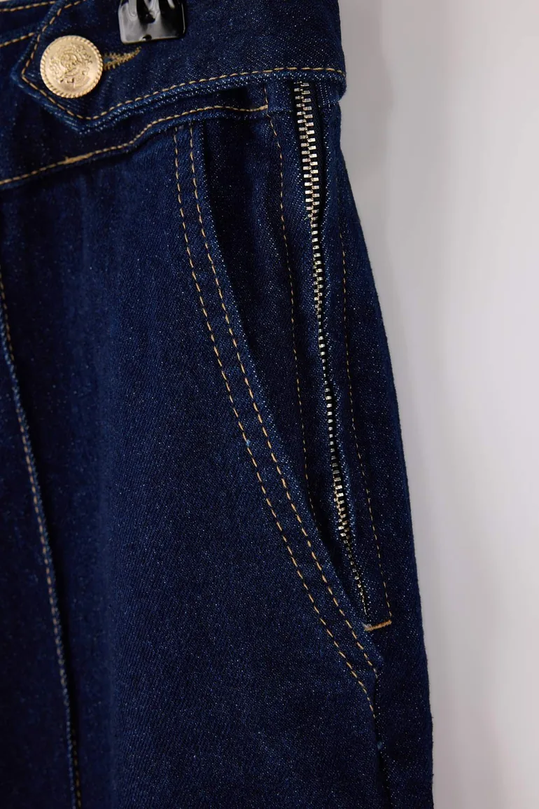 Dark Blue High Waist Button Detail Comfort/Flexible Wideleg/Wide Leg Plus Size Jeans - 2