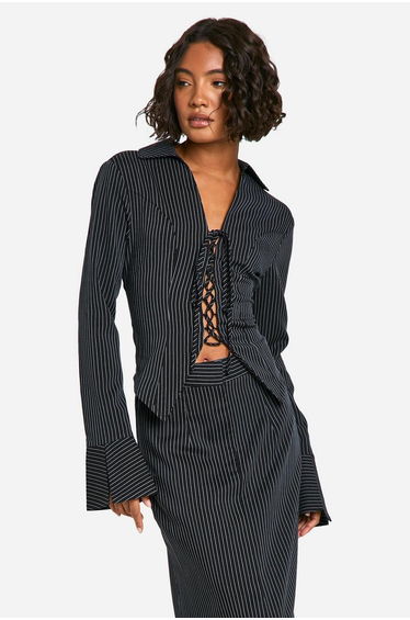 Tall Pinstripe Lace Up Tailored Shirt