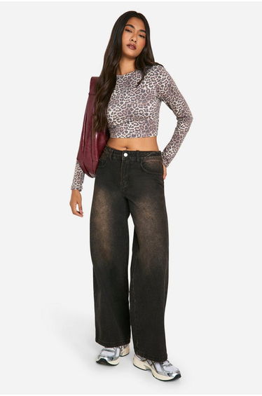 Basic Animal Print Cotton Long Sleeve Asymmetric Top - leopard