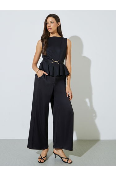 Black Buckle Waist Peplum Top and Trousers Co-ord Set