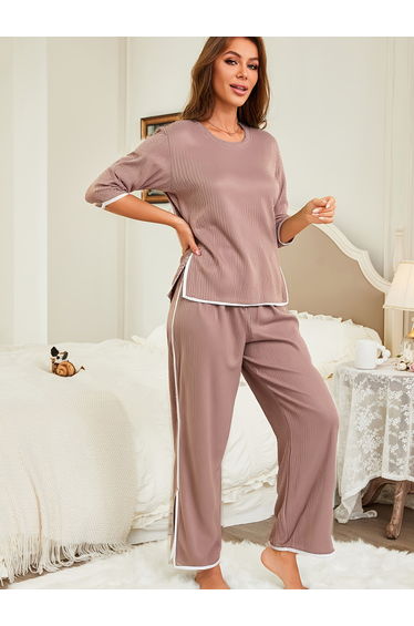 Textured 3/4 Sleeve Top and Pyjama Set