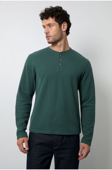 Olive Waffle Long Sleeve Henley T-shirt