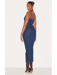 فستان ميداكسي دينيم بحمالات رفيعة لون كحلي - 1