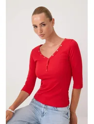 Red Plain Fitted V-Neck Standard Sleeve Three Quarter Sleeve Cotton Ribbed Knitted Blouse - 1