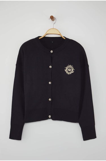 Teen Navy Blue College Themed Embroidered Knitwear Cardigan