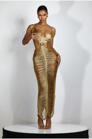 Edna Plunge Neck Fringe Maxi Dress
