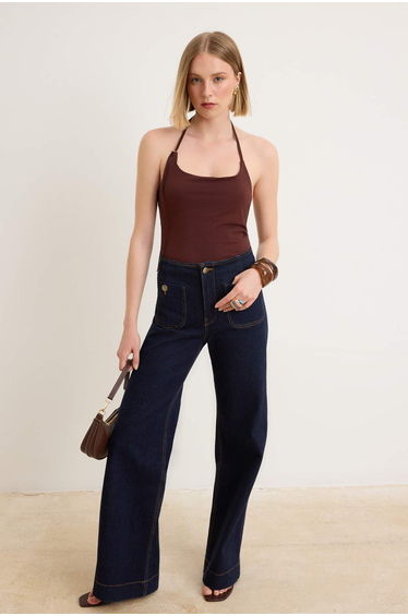 Brown Plain Fitted Halter Neck Spaghetti Strap Sleeveless P Cotton U E Stretchy Knitted Undershirt
