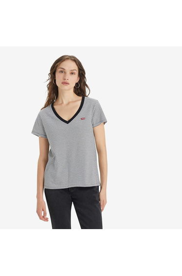 Striped Cotton T-Shirt with Logo and V-Neck