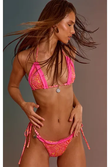 Orange Paisley Print Scalloped Hem Bead Detail Tie Side Bikini Bottoms