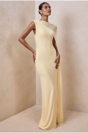 Mirelle | Lemon High-Neck Maxi Dress With Cape-Sleeve